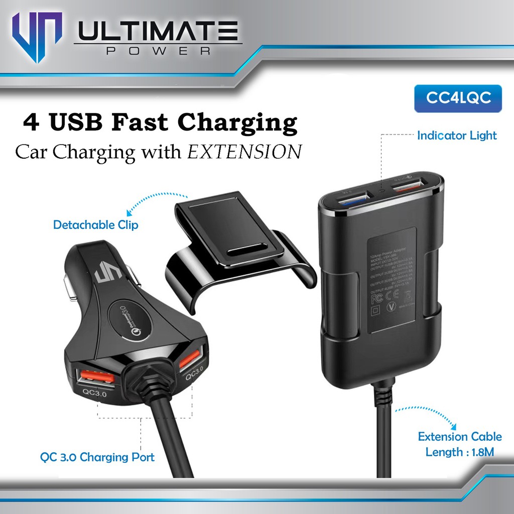 Car Charger Fast Charging Ultimate 4USB Fast Charging Car Charger with Extension