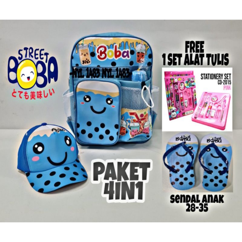 COD Paket KUMPLIT Tas Ransel Anak BOBA 4IN1 + Topi +sandal + alat tulis Lucu