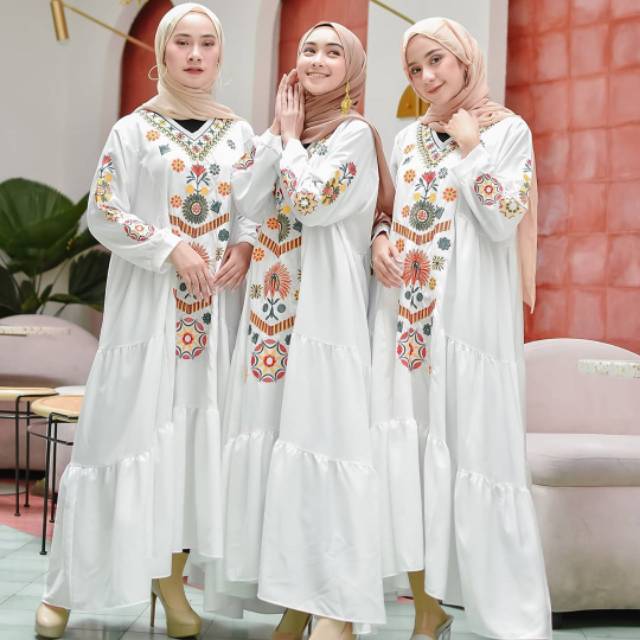 Dress Ramadhani Putih | Dress Bordir Bunga | Dress Gamis Syari