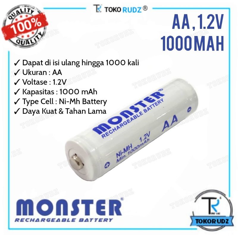 Baterai AA A2 Batre isi ulang Cas 1000mAh Rechargeable 1.2V MONSTER