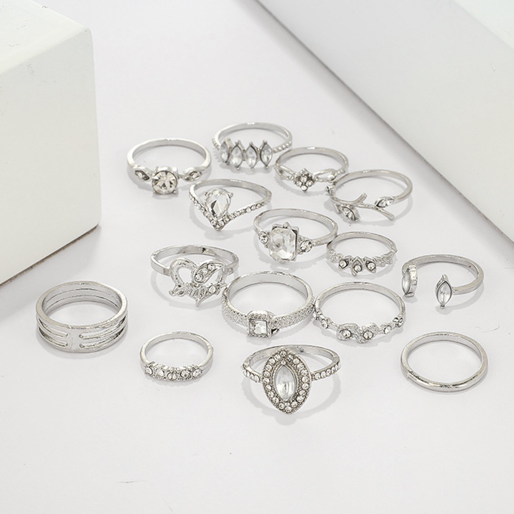 Hu Hu Hu Hu Hu Alat Bantu Pasang Kacamata♡ 15pcs / Set Cincin Wanita Hias Batu Permata / Berlian Imitasi Gaya Bohemian Untuk Hadiah