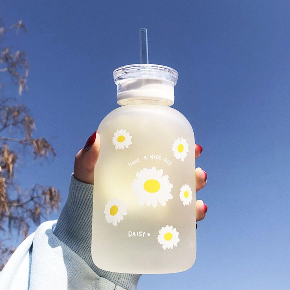 Suyo Botol Minum Dengan Sedotan Motif Bunga Daisy Frosted