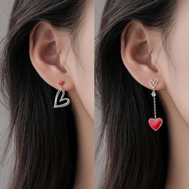 Fancyqube Anting Sterling Silver 925 Bentuk Hati Asimetris Warna Merah Untuk Wanita