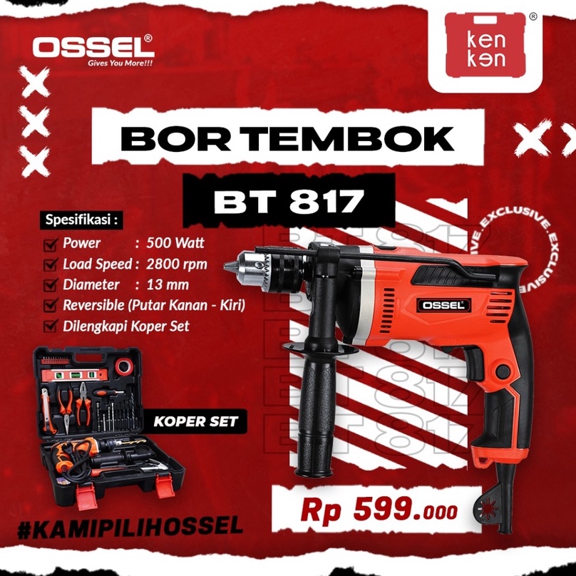 OSSEL Bor Listrik 13 mm BT 817 Bor Tembok BT 817 Bor Koper BT 817 OSSEL Mesin Bor Set