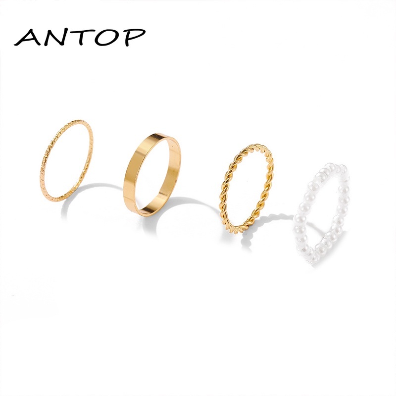 Korea Wanita Mutiara Cincin Wanita Emas Cincin Logam Set Fashion Perhiasan Aksesoris  ANTOP