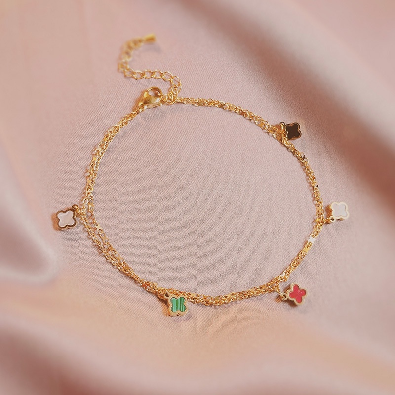 Gelang kaki dua layer lucky clover warna warni titanium anti karat harga grosir bisa COD