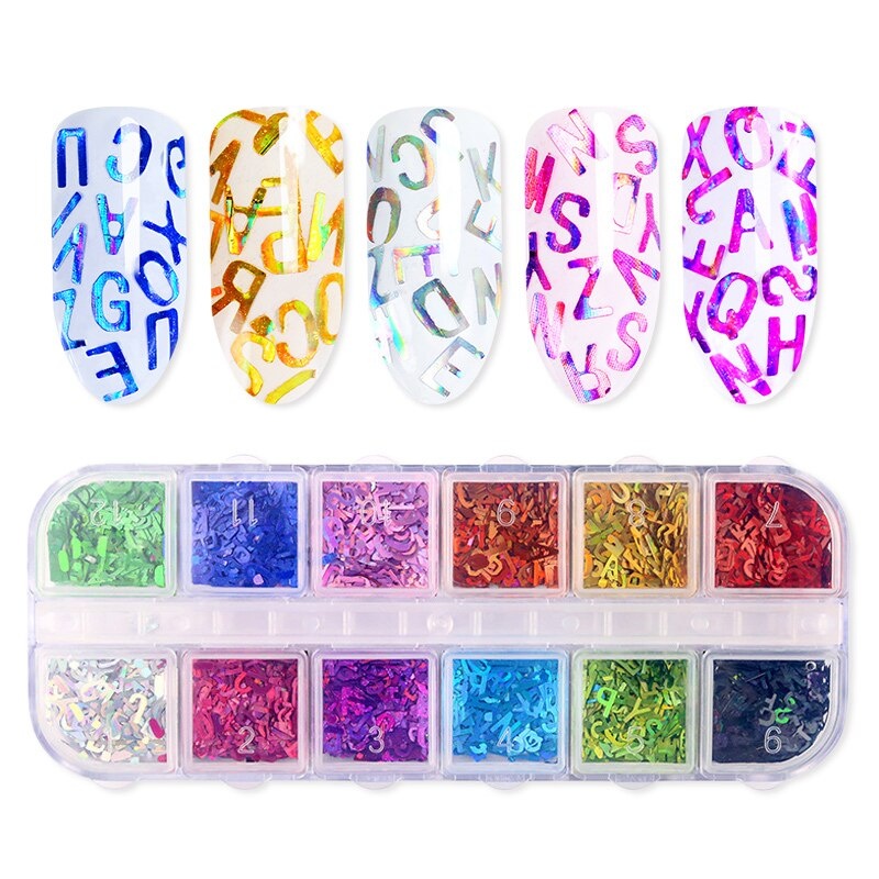 12 Colors Letter Holographics Nail Glitter Sequins Sparkly 3D Thin Butterfly Flakes Decorations for Nail Art Accessories