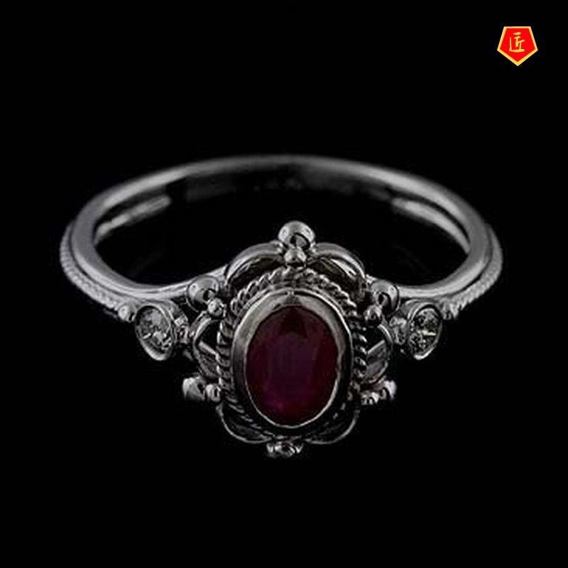 [Ready Stock]Inlaid Ruby Silver Ring Elegant Fashion Personality