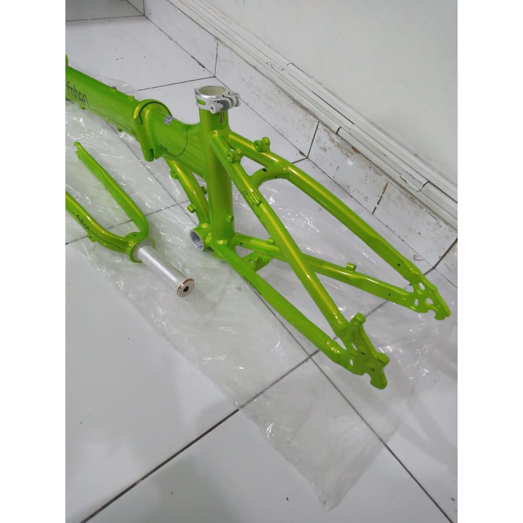 Frame Set &amp; Handle Post HP FNHON BLAST Hijau Discbrake 20 inch Db Sepeda Mangga Muda Alloy Disk