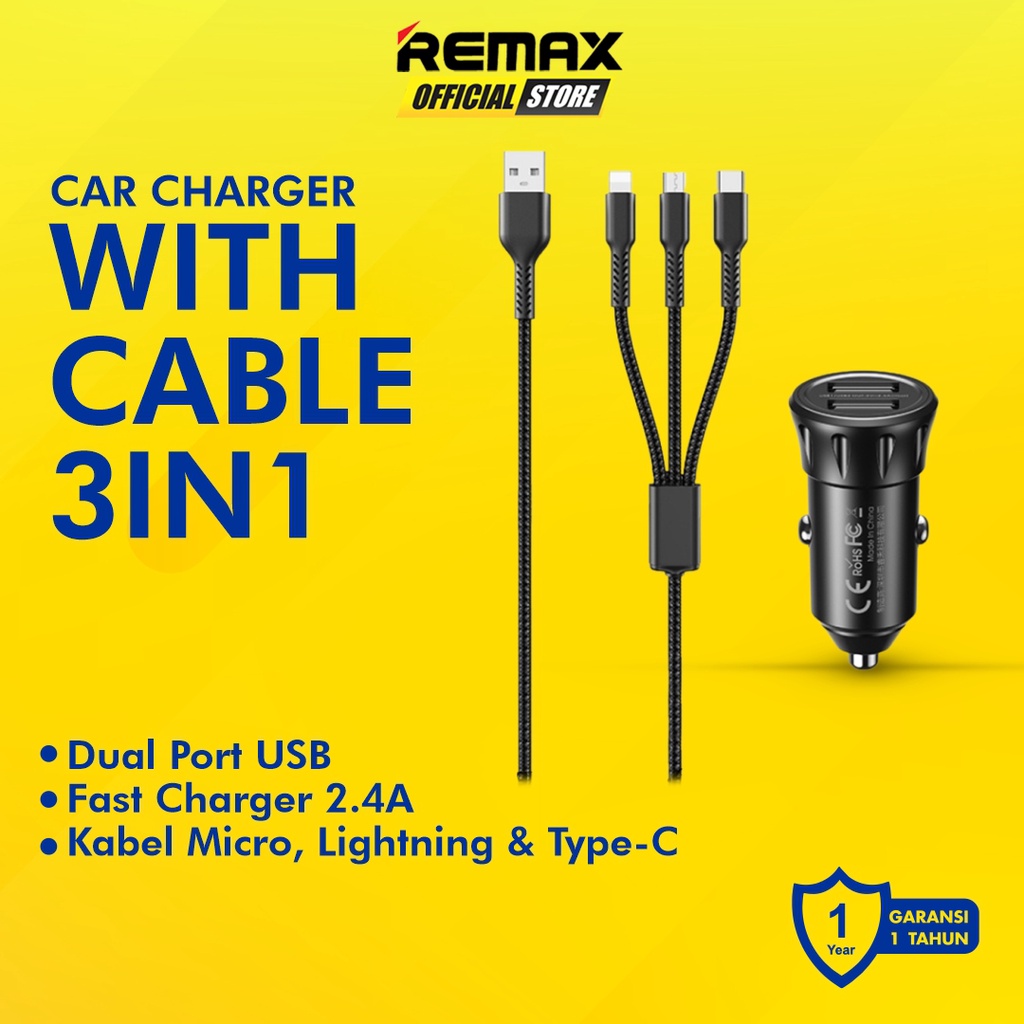 Remax Vanguard RCC-236 Car Charger 2 Port + Kabel 3in1 Original