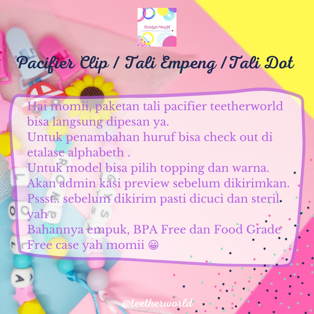 (PROMO FREE CASE) Pacifier Clips / Tali Dot / Tali Empeng Lucu Custom Nama Teetherworld-1