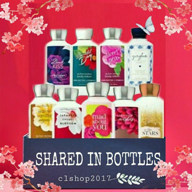 BBW BODY LOTION SHARE IN BOTTLE 3 ML &amp; 30 ML PART 1/4 INTO THE NIGHT PERFECT PEONY PURE WONDER IN THE STARS PINK CASHMERE SUNSET GLOW SALTWATER BREEZE SWEET PEA WHIPPED BERRY MERINGUE WHITE TEA &amp; SAGE WARM VANILLA SUGAR STRAWBERRY POUND CAKE STARLIT NIGHT