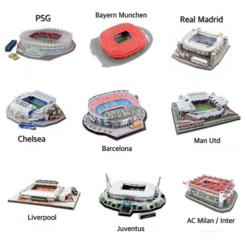 Miniatur Stadion Sepakbola 3D Puzzle Klub Eropa / Mini Replica Football Stadium European Club / Puzzle Stadion Bola Camp Nou Santiago Bernabeu Old Trafford Anfield Stamford Bridge Emirates Stadium Parc des Princes Allianze Arena San Siro Guiseppe Meazza