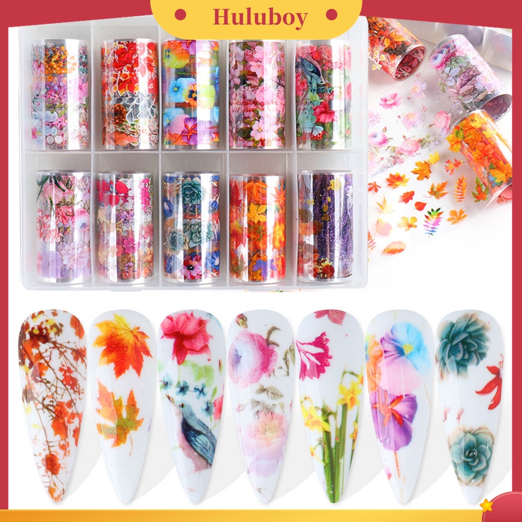 Huluboy Huluboy♡ 10 Pcs / Set Stiker Kuku Foils 3D Efek Daun Maple Warna-Warni Untuk Manicure