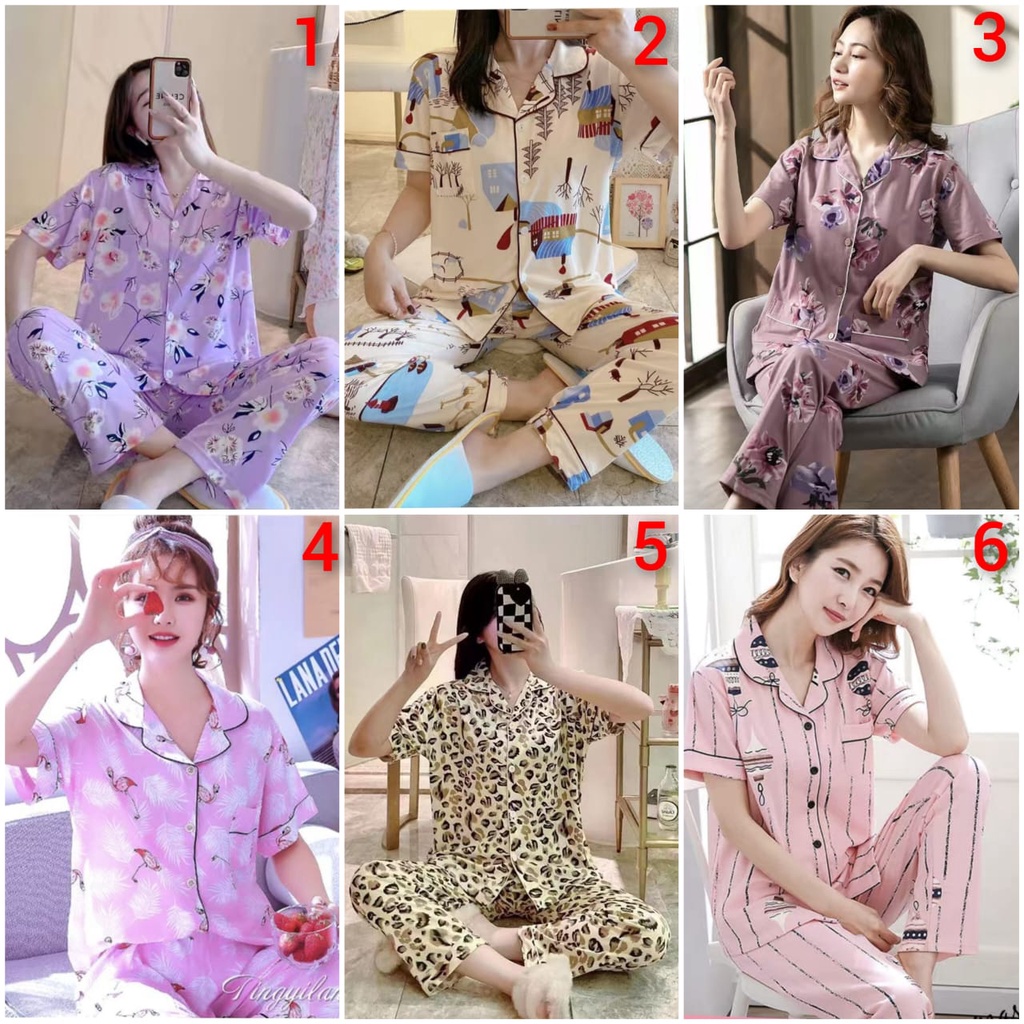 Baju tidur piyama cp bahan spandek import model kra kancing lima