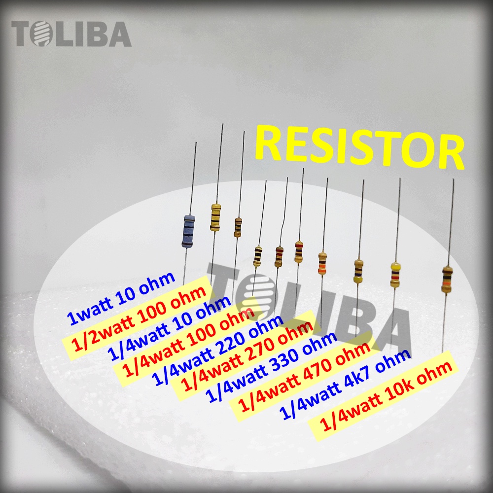 resistor 1 watt 1/2 watt 1/4 watt 10 ohm 100 ohm 220 ohm 270 ohm 330 ohm 470 ohm 4k7 ohm 10k ohm / komponen elektronika membatasi menghambat arus