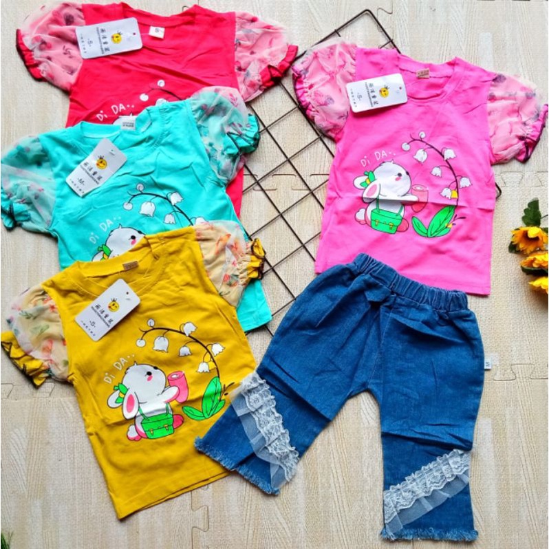 Setelan anak perempuan atasan jins cherry import 1-5 tahun/ Baju Setelan kaos celana Jeans cutbray anak cewek tanggung