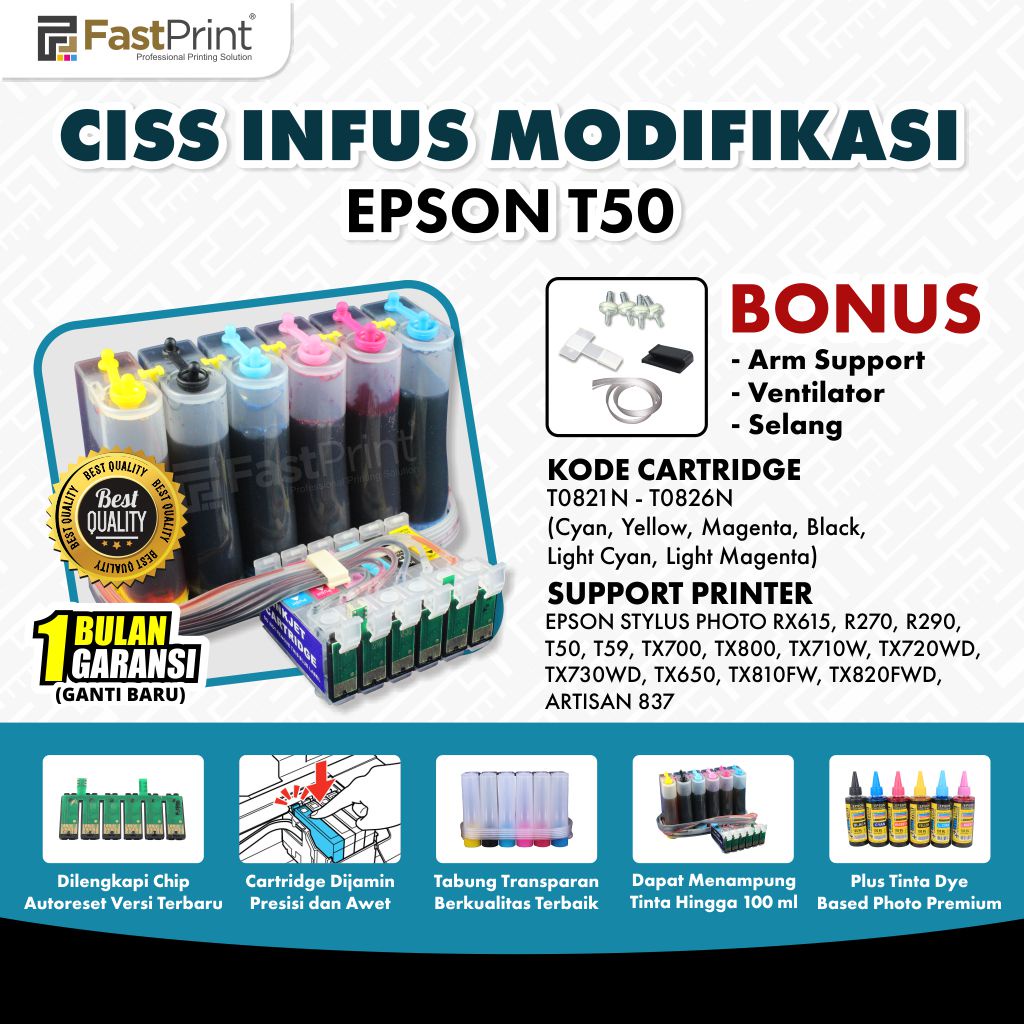 Fast Print Ciss Infus Modif Printer Epson T50 T59 TX800 TX700 RX610 Plus Tinta