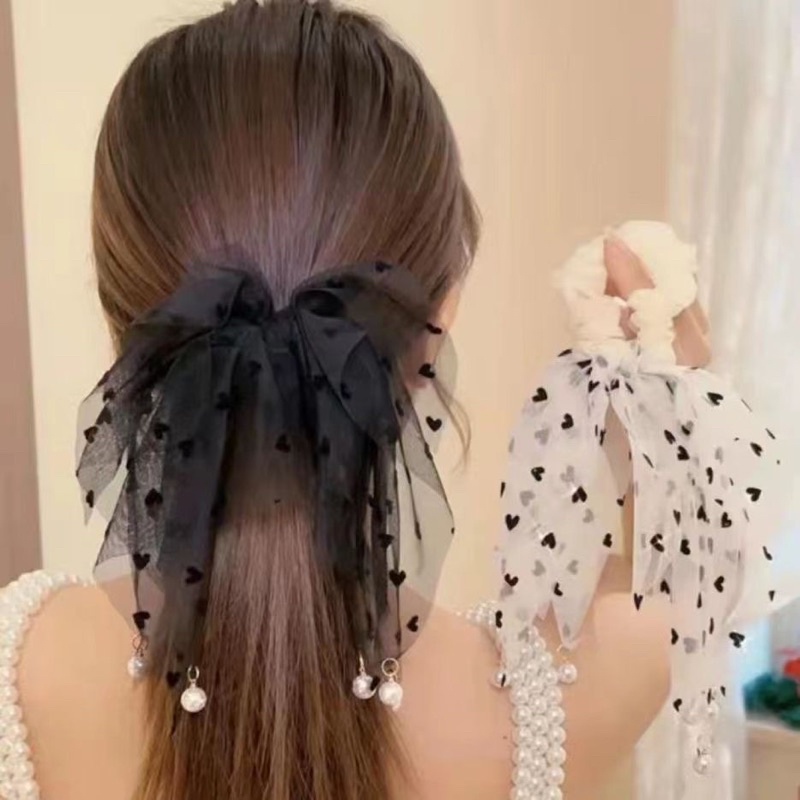 Delunashop Ikat Rambut Scrunchie Wanita Pita Love Kecil Gaya Korea Import ikat rambut randa mutiara