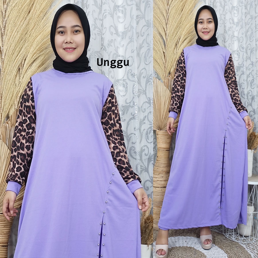 LIEN SETELAN GAMIS CELANA KOMBINASI LEOPARD BELAH MUTIARA CARLINA
