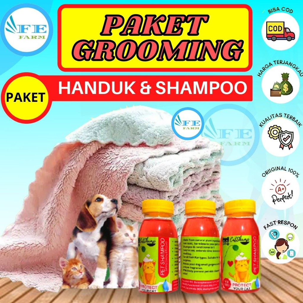 PAKET MANDI KUCING Dapat Handuk Shampoo Anti Kutu FEFARM