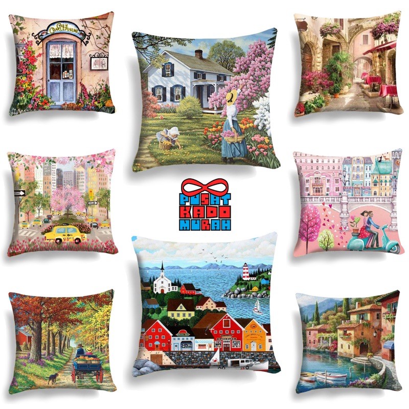 Bantal Sofa Print Motif Lukisan Pemandangan Painting 40x40cm - Pusat Kado Murah