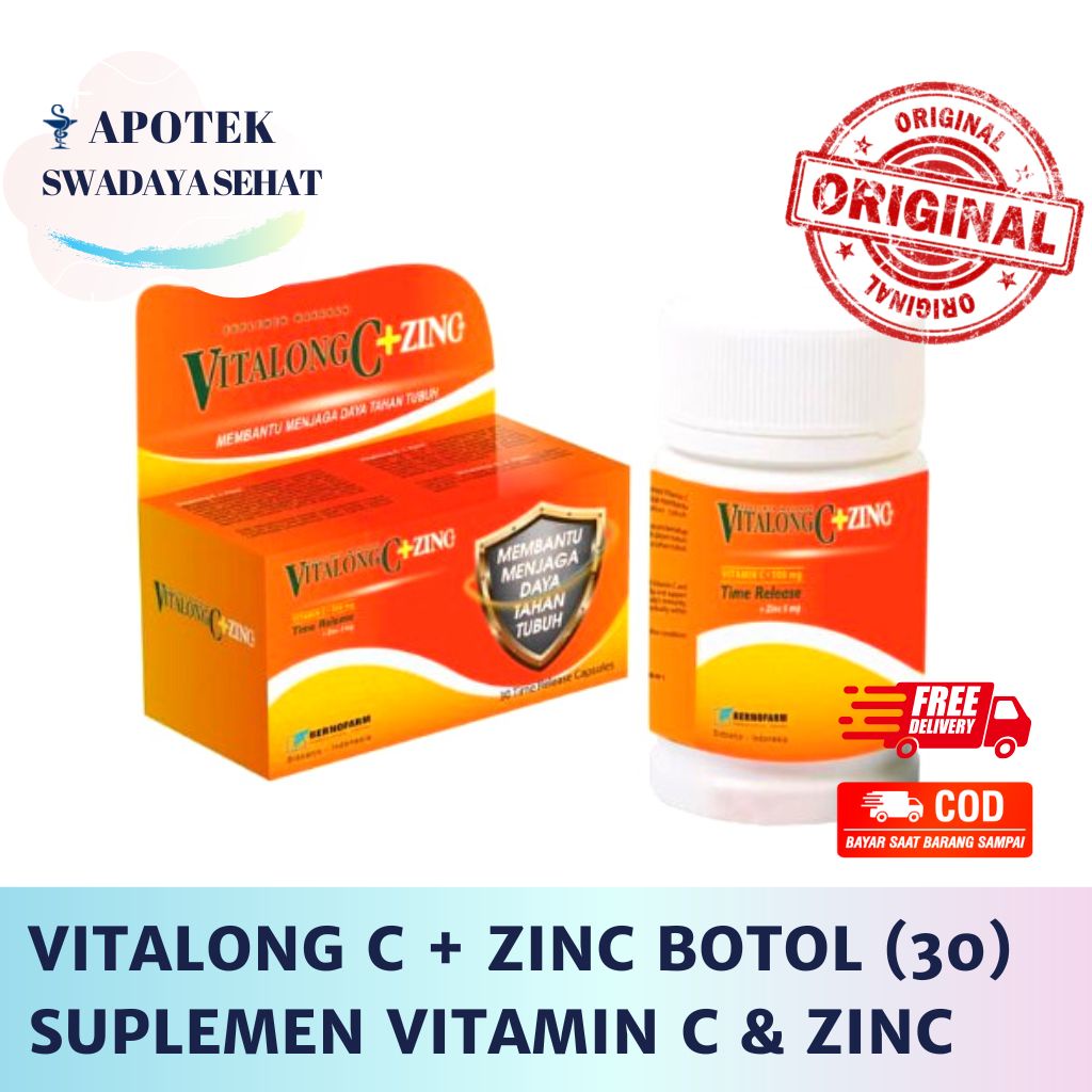 VITALONG C + ZINC BOTOL Isi 30 Kapsul - Suplemen Vitamin C dan Zink Daya Tahan Tubuh