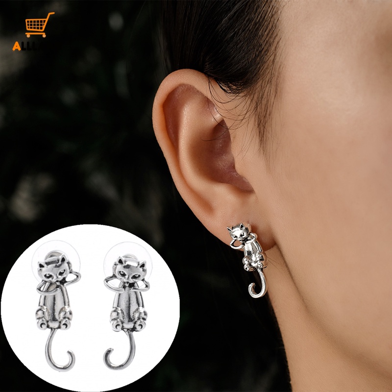 Anting Stud Desain Kucing Pirecing Warna Silver Gaya Retro Gothic Untuk Wanita