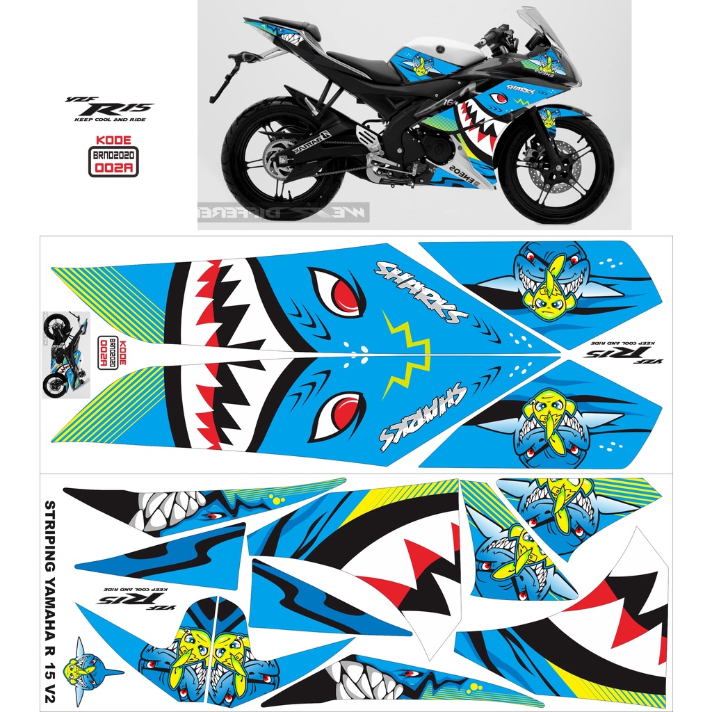 STICKER STRIPING MOTOR YAMAHA R15 V2 SHARK HIU STIKER SEMI FULL BODY DECAL GLOSSY MURAH
