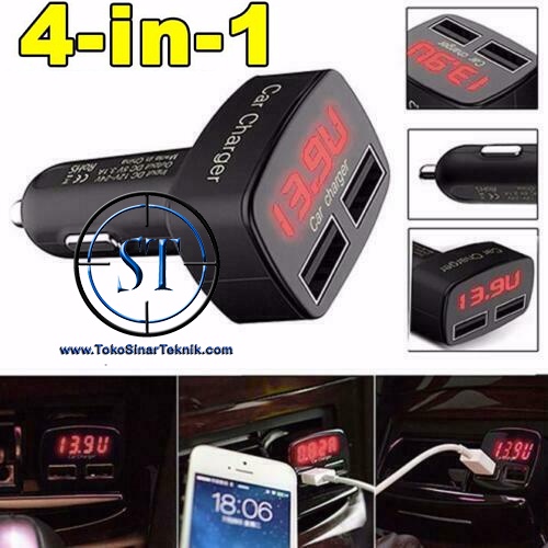 USB Car Charger 4 in 1 Amperemeter, Voltmeter 3.1A Temperatur Suhu