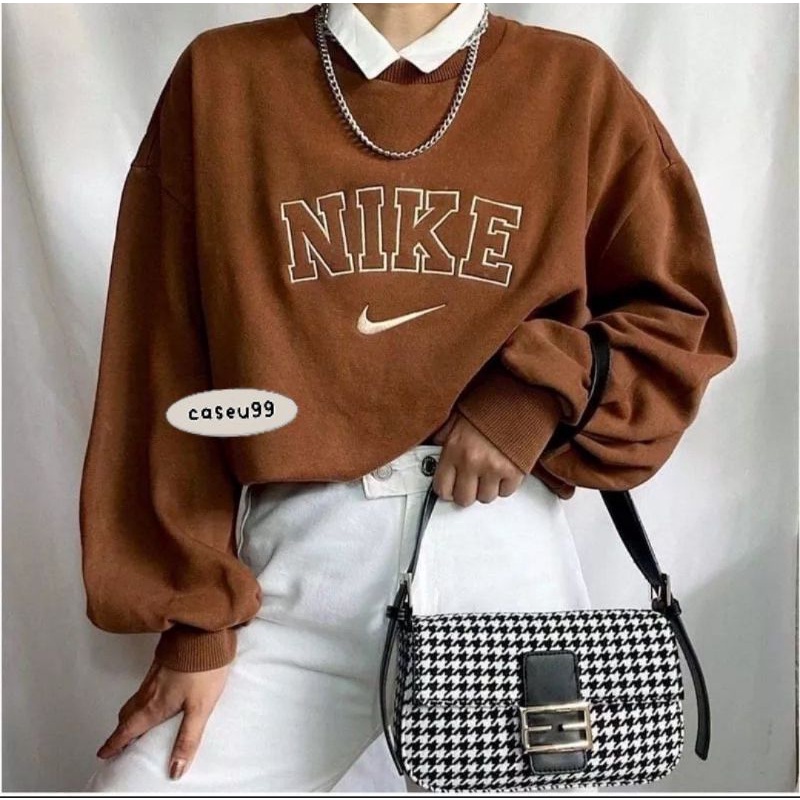 sweater nike pink coffee mocca coklat Harajuku// crewneck sweetshirt wanita pria perempuan laki cewe cowo unisex bahan fleece// sweater distro viral// Women Man Sweatshirts Loose Oversize Pullover