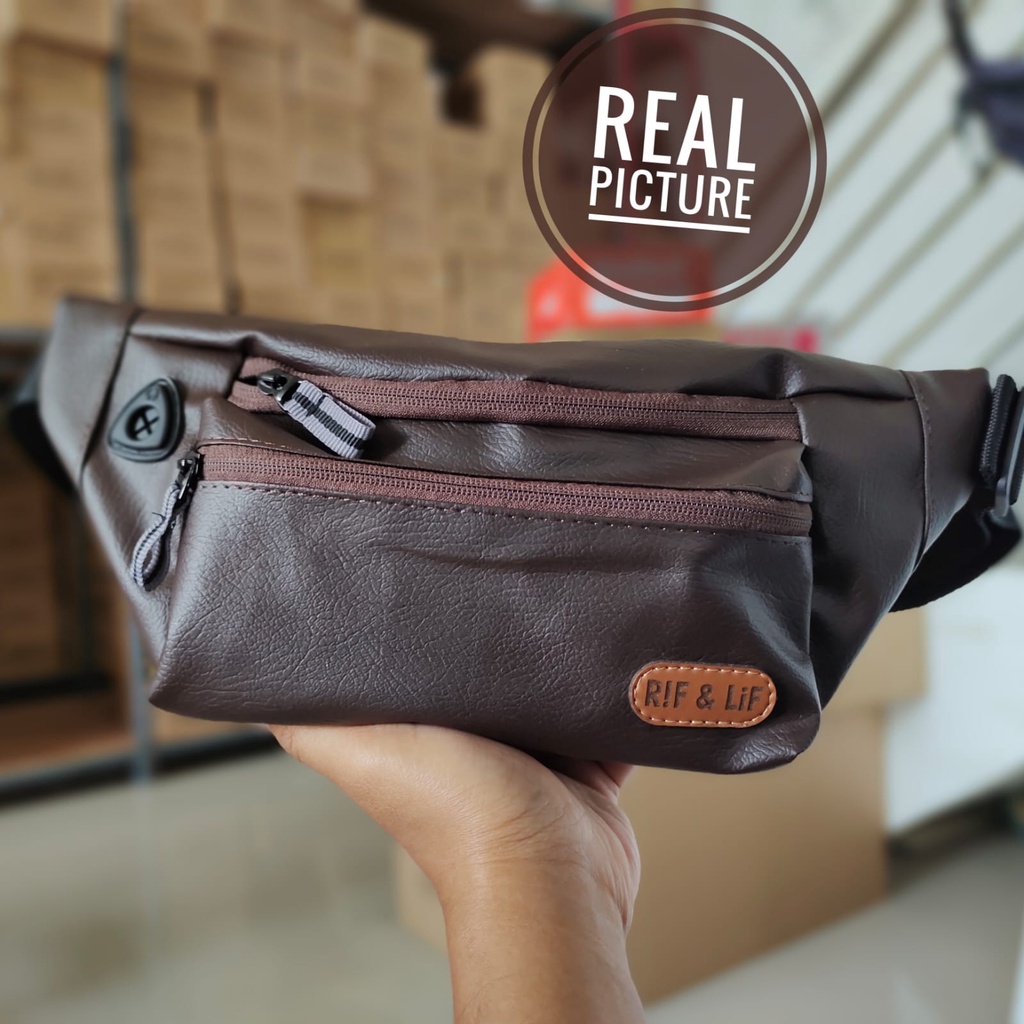 Tas Selempang Casual Kasual Pria Waist Bag Sling Bag Distro Bahan Kulit Sintetis  Murah dan Keren Warna Coklat untuk Jalan-jalan Traveling