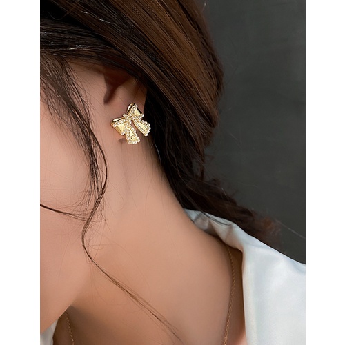 LRC Anting Tusuk Fashion Golden Alloy Pearl Bow Earrings V57157