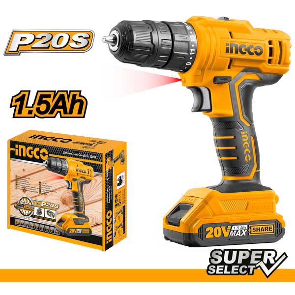 INGCO CDLI20011 - MESIN BOR CORDLESS 20V (1B&1FC) / CORDLESS DRILL 20V