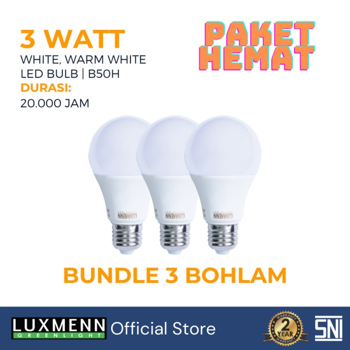 Luxmenn Paket Hemat Lampu Bohlam LED B50H 3 pcs 3W 3 Watt Putih Kuning - Putih