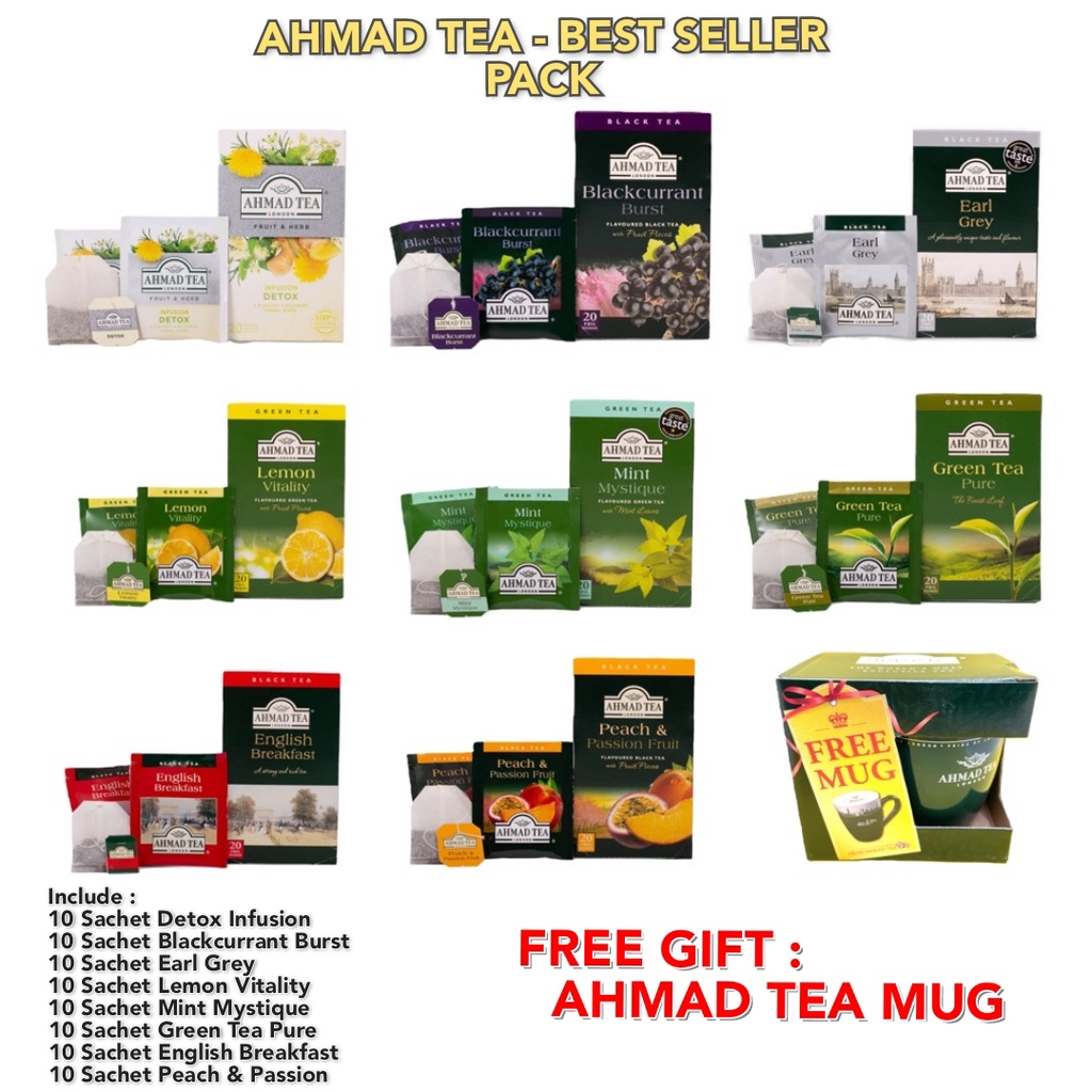 AHMAD TEA - BEST SELLER PACK - FREE MUG - 80 SACHET : DETOX INFUSION  BLACKCURRANT BURST EARL GREY L