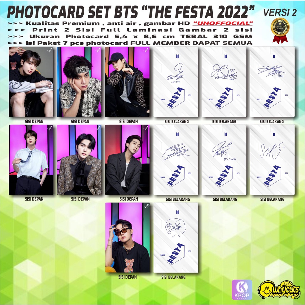 PHOTOCARD  SET PC KPOP PREMIUM NOFFICIAL BTS FESTA 2022 / PRINT 2 SISI FULL SUPER GLOSSY / ANTI AIR / ISI 7 PCS FULL SET