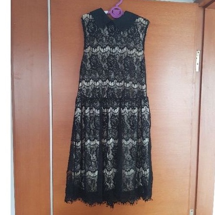 Midi Dress Brokat Import Kerah Black Gold Baju Pesta Party Elegan