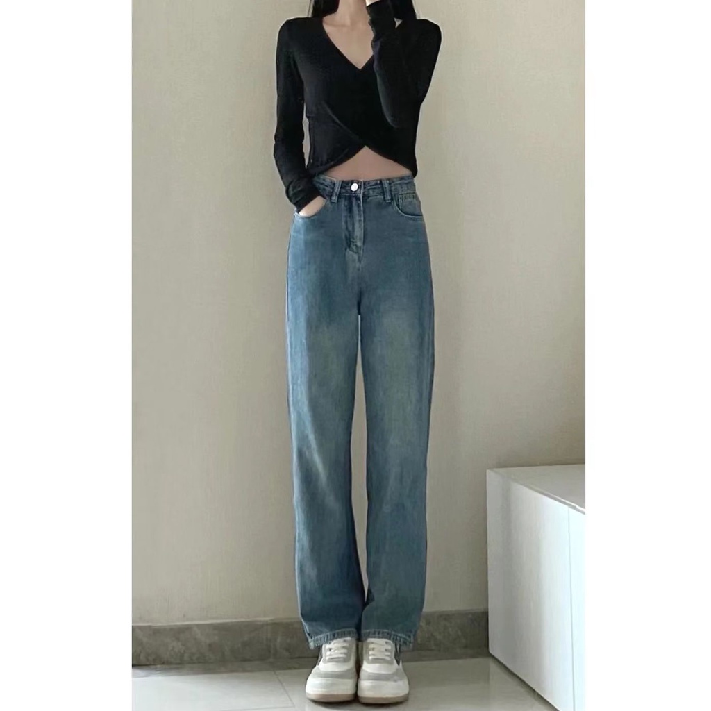 Celana Jeans Longgar Wanita Pinggang Tinggi Biru Retro Korea Baru