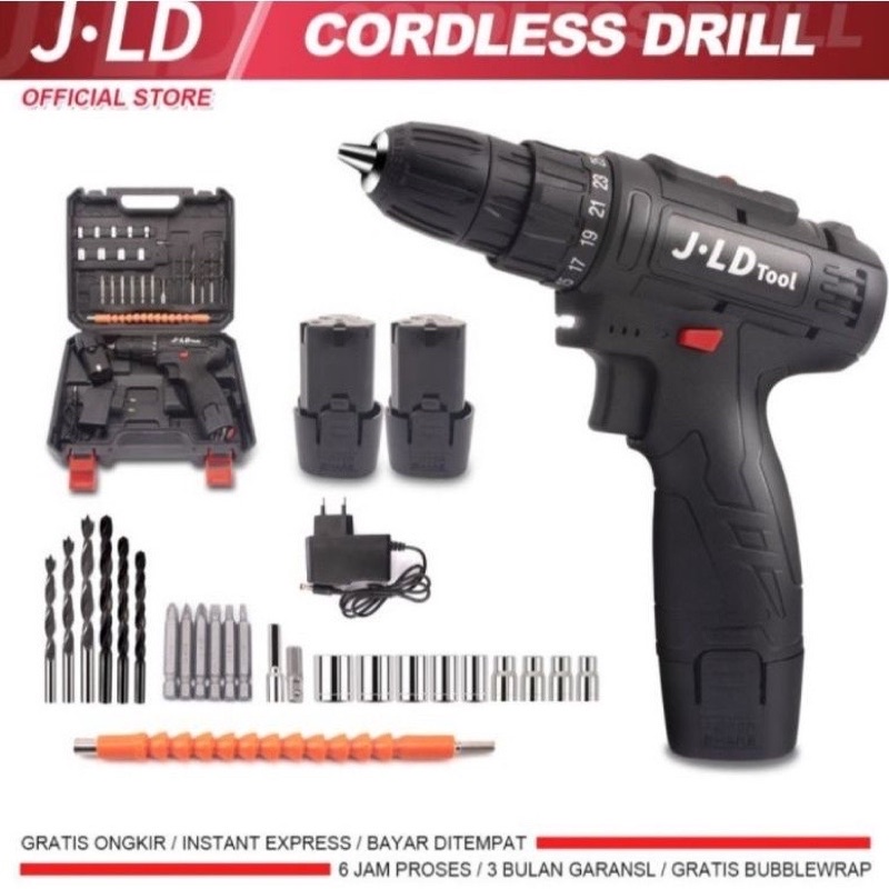 JLD 12V Bor Cordless 10mm Koper Fullset Aksesoris Bor Cas 1 Baterai ORIGINAL