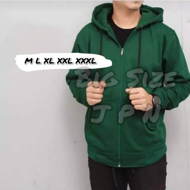 Jaket Polos Sleting Jumbo Sweater Hoodie Big Size Zipper Warna Hijau Botol Ukuran Besar Xxl Xxxl Xxxxl Bahan Tebal Model Oversize Ld 120 Ld 130 Switer Pria Wanita Lokal Original Premium