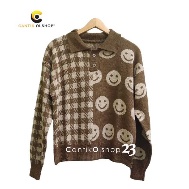 CS052 Sweater Rajut Wanita Motif Smile Square Kinanti