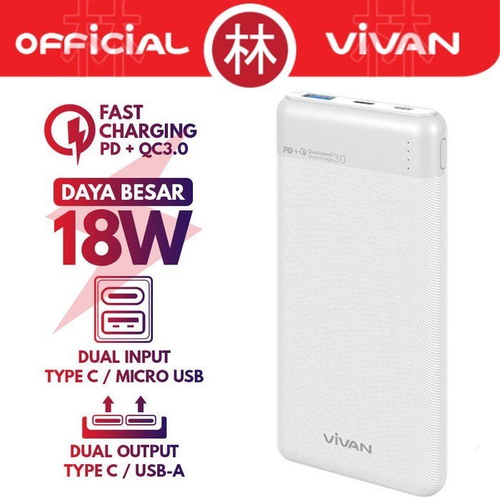 Powerbank 10000mAh Two Way Dual Output &amp; Input QC3.0 18W - Vivan VPB-M10