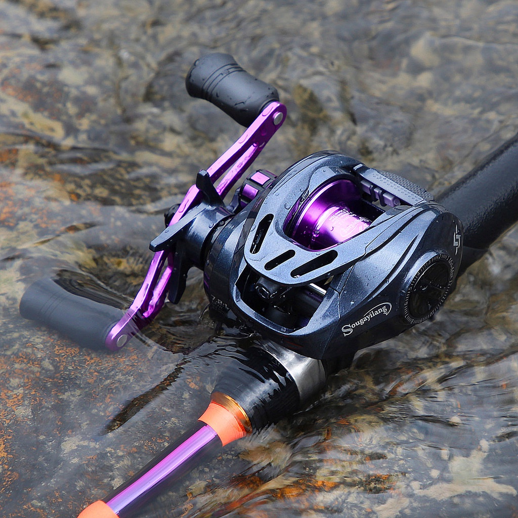 Sougayilang Ungu Baitcasting Fishing Reel Rill Pancing7.2: 1 Rasio Gear dengan Pegangan Karet Lembut untuk Air Tawar Air Asin Memancing Outdoor rell pancing