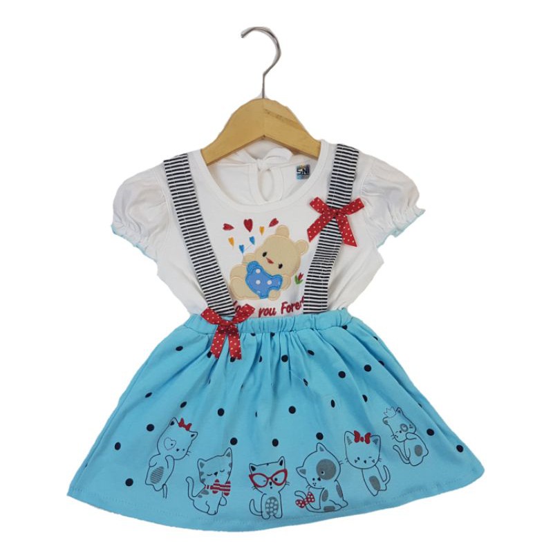 DRESS FASHION BAJU ANAK PEREMPUAN OVERALL MOTIF KUCING MEOW POLKADOT