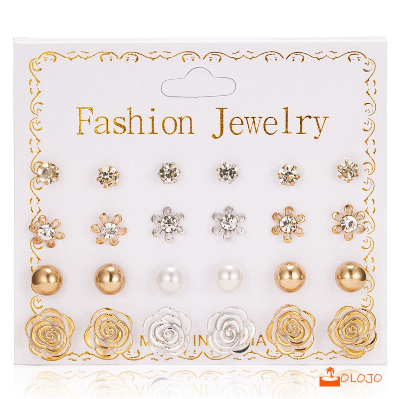 OLOJO 12pair/Set Anting Square Zircon Heart Diamond Earring