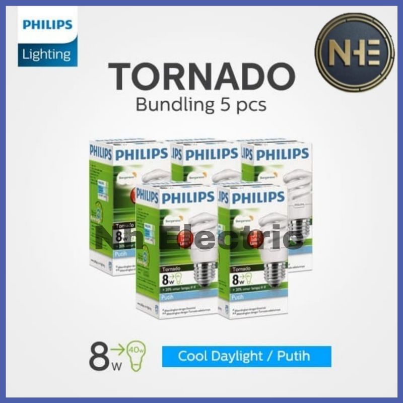 Lampu Philips Tornado 8W Watt Putih CDL E27 - Spiral 8 Watt Philips White 220V SNI Bundling 5 Pcs