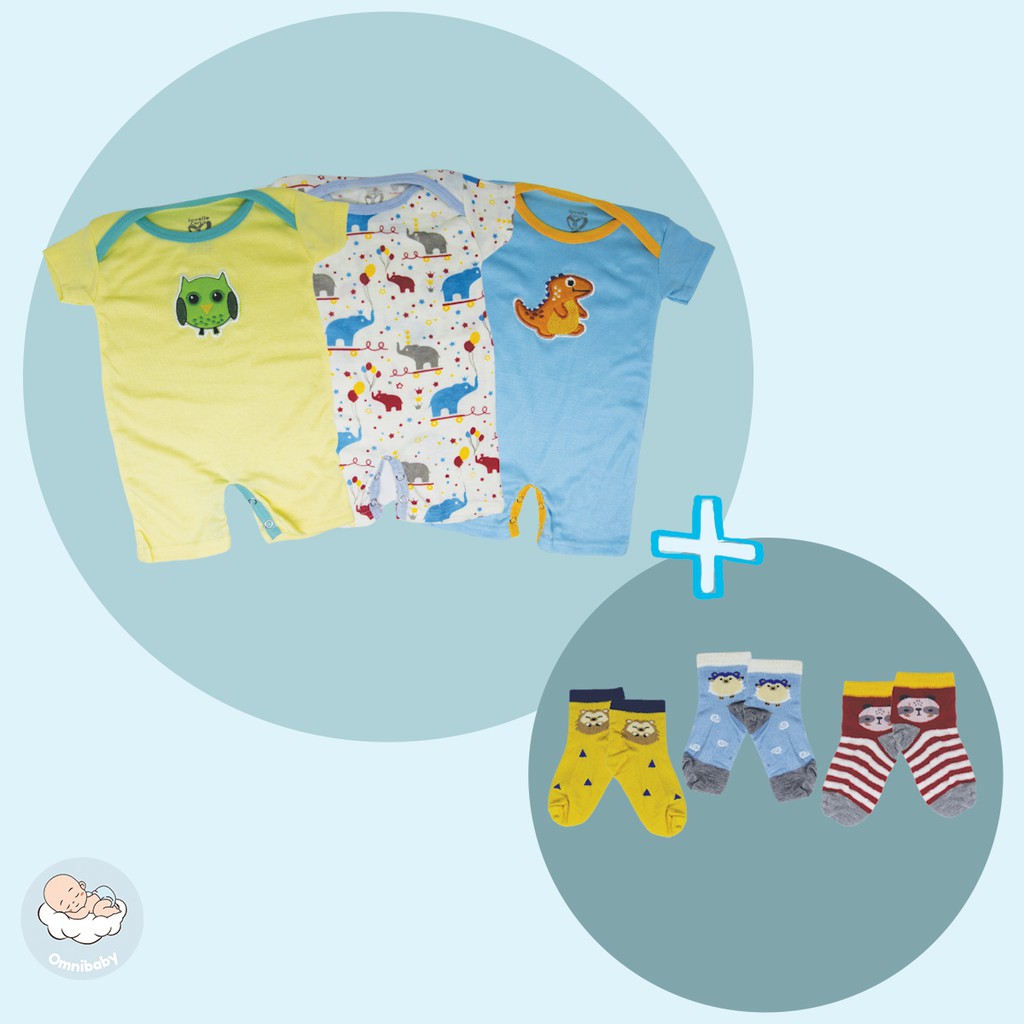 Lovelle cart's romper bayi laki/bayi perempuan 3in1 + 3 set kaos kaki(0-12 bulan)