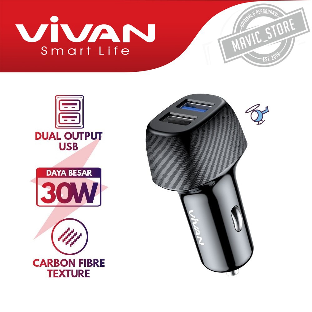 Car Charger VIVAN CC02Q 30W Dual Port USB-A 3A Quick Charge 3.0 - Garansi Resmi 1 Tahun