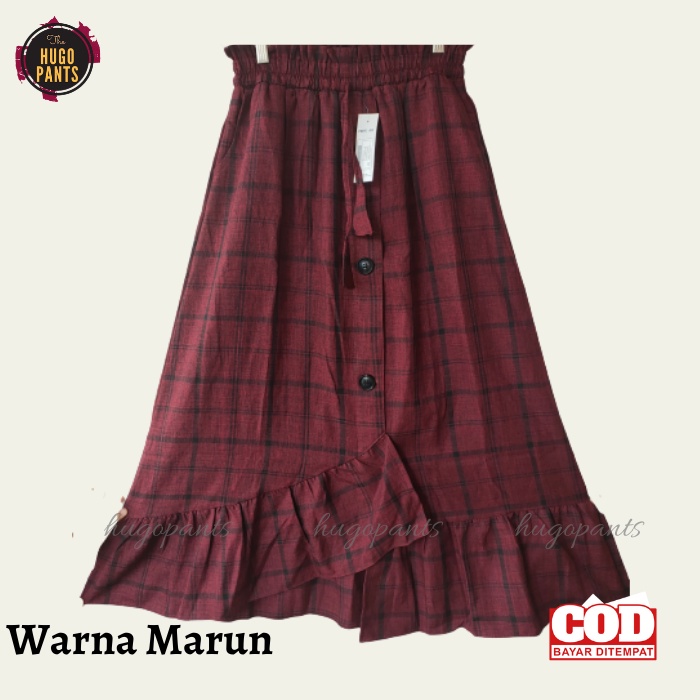 ROK TARTAN PANJANG REMPEL JUMBO KANCING DEPAN WANITA BAHAN SEMI WOLL PAKAIAN WANITA KEKINIAN-MARUN